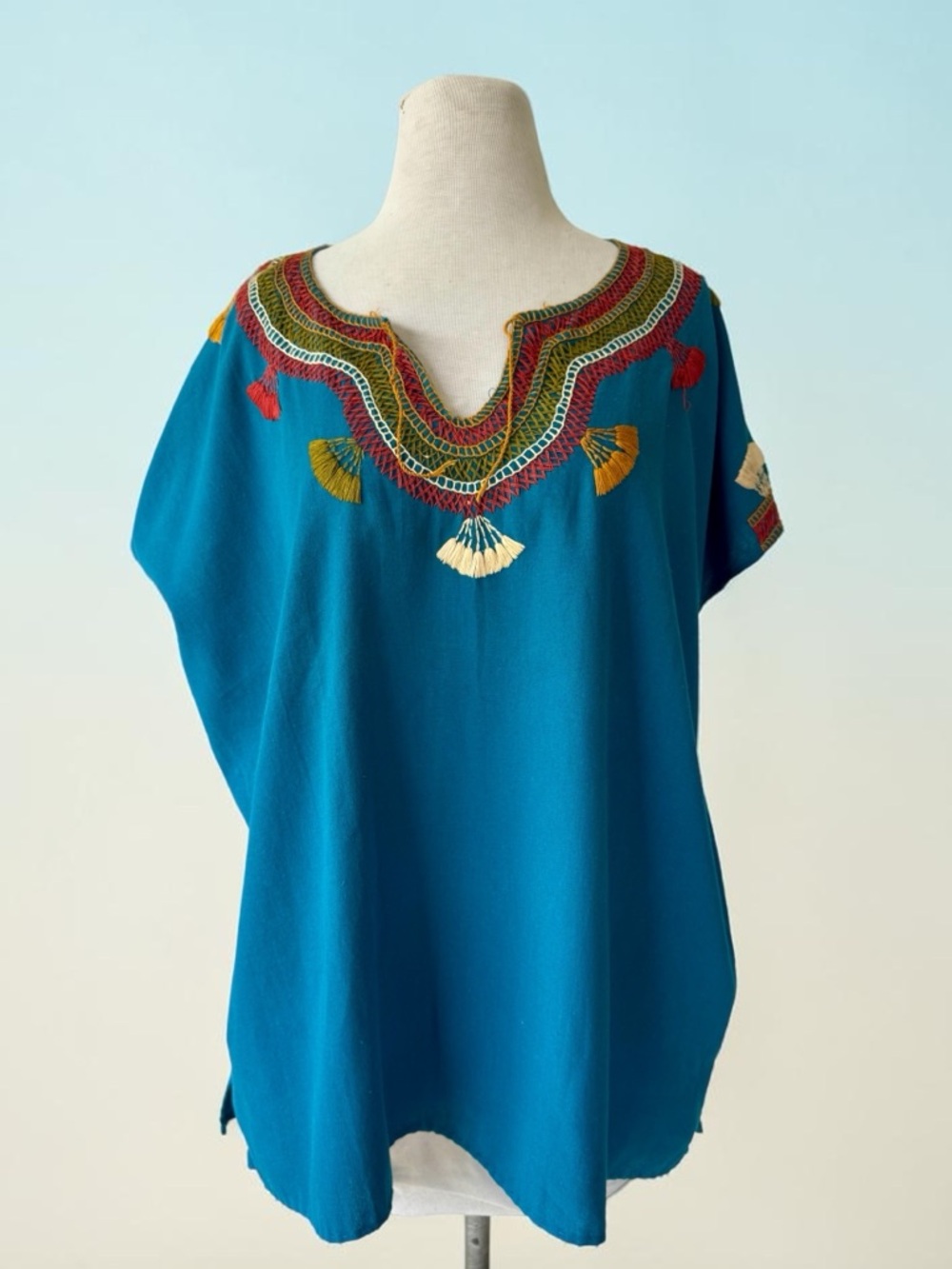 Vtg Embroidered Mexican Chiapas Tunic Top Teal Cotton Sz XL Huipil Peasant Boho